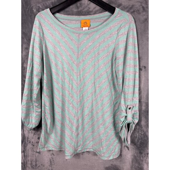 Ruby Rd. Blouse Womens Striped Top With Button Cuffs Mint & Gray Size M Shirt - Picture 1 of 6